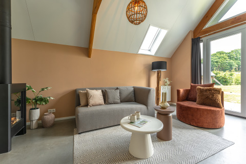Soggiorno moderno della Wellness Lodge presso Holiday Park De IJsvogel, con molta luce naturale.