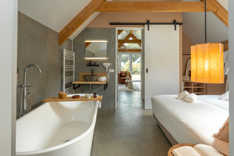 Modern wellness lodge at Holiday Park De IJsvogel in the Netherlands with bathtub and cozy bedroom area.