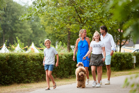 Gezin wandelt met hond op een pad bij een glamping accommodatie, met tenten en groen op de achtergrond.