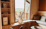 Intérieur chaleureux du safari-tente Smûk Tent Huske aux Pays-Bas avec mobilier en bois et grande fenêtre.