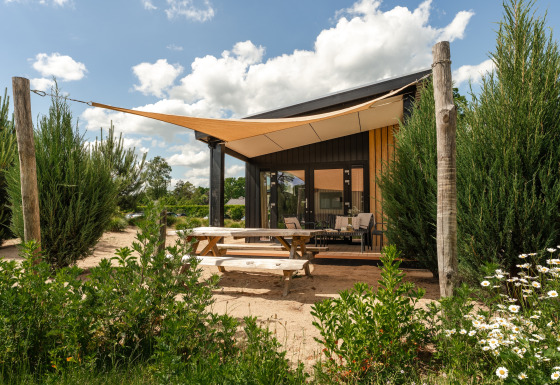 Casa diminuta Sand Lodge con terraza y toldo en Holiday Park De IJsvogel, rodeada de vegetación.
