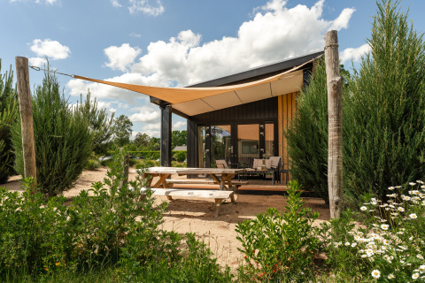 Tiny house Sand Lodge met zonneluifel en picknicktafel in Holiday Park De IJsvogel, omgeven door groen.