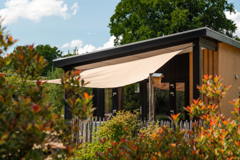 Tiny House Sand Lodge op Holiday Park De IJsvogel in Nederland, omringd door planten en bomen.