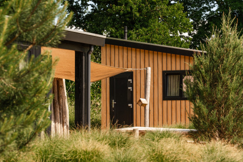 Sand Lodge tiny house bij vakantiepark De IJsvogel in Nederland, omringd door bomen en groen gras.