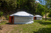 Foto af to traditionelle mongolske yurter i en grøn skovlysning, omgivet af træer og sollys.