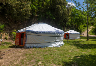Foto van twee traditionele yurts op een groene open plek in het bos, omringd door bomen en zonlicht.