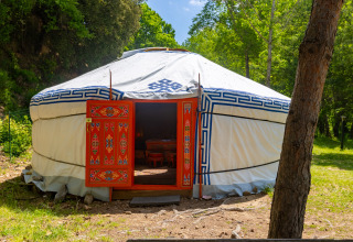 Una yurta mongola tradicional con puerta decorada de rojo, situada en un entorno boscoso y verde.