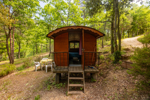 Cabaña caravana gitana sin baño privado en Camping Des Randonneurs, Francia, rodeada de naturaleza.