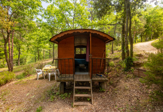 Cabaña caravana gitana sin baño privado en Camping Des Randonneurs, Francia, rodeada de naturaleza.