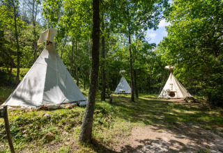 Tipi-telte uden toiletter i grøn skov ved Camping Des Randonneurs, Frankrig, med sollys og skygge.