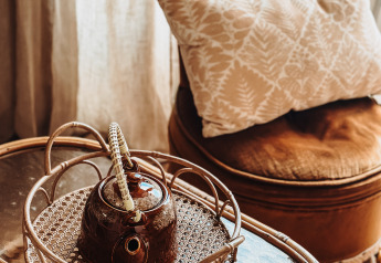 Brown chair with patterned pillow, tea pot on rattan tray, glass table at Smûk Fjildhuske, Smûk Recreatie, Netherlands.