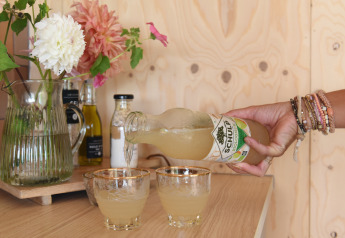 Iemand giet sap in glazen op een houten tafel in een gezellige tiny house met bloemen en drankjes.