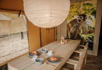 Indretning af en safaritelts spiseområde på Veluwepark de Bosgraaf med morgenmad og abe-plakat.