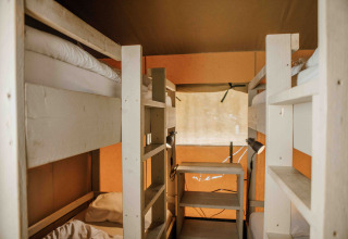 Indvendigt billede af en safaritelt med køjesenge og bord på Veluwepark de Bosgraaf i Holland.