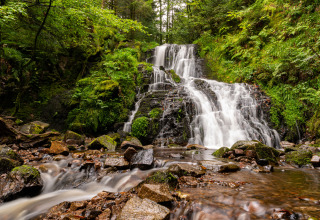 Schilderachtige waterval met groene omgeving nabij Granges-Aumontzey, Grand Est, Frankrijk, en rotsen ervoor.