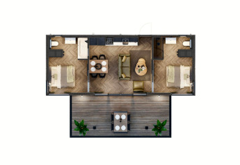 Grundriss der Rosendael Comfort Lodge mit zwei Schlafzimmern, Wohnzimmer, Küche und Terrasse.