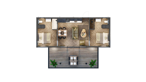 Plattegrond van de Rosendael Comfort lodge met twee slaapkamers, leefruimte, keuken en terras buiten.