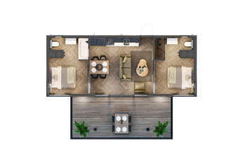 Plantegning af Rosendael Comfort lodge med to soveværelser, stue, køkken og udendørs terrasse.