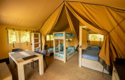 Interior view of a safari tent at Flower Camping La Sténiole in France, featuring beds and a dining table.