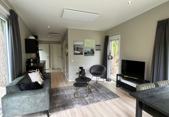 Soggiorno moderno alla lodge Just Nature Light a De Hooge Veluwe, Paesi Bassi, con divano e TV.