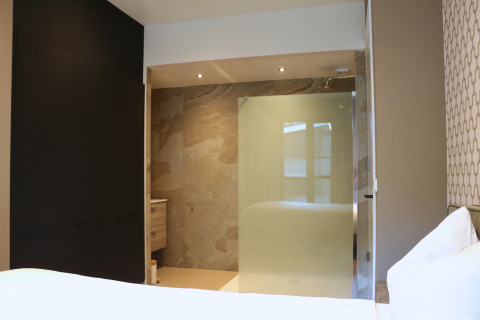 Moderne slaapkamer met zicht op de badkamer, glazen wand en ingemaakte kasten in Forest Lodge Deluxe.