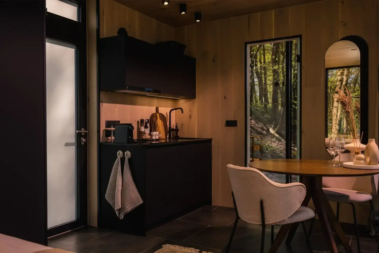 Modern kitchen and dining area inside the ÖÖD Suite tiny house at Wilsumer Berge, Germany, in nature.