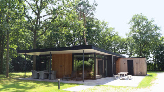 Forest Lodge Deluxe dans une forêt, pavillon moderne en bois avec grandes baies vitrées et terrasse.