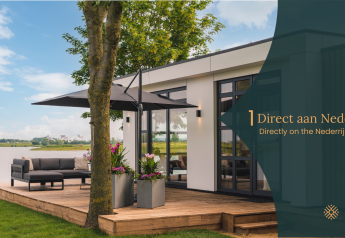 Modern glamping accommodation by the Nederrijn river with wooden deck, outdoor sofa, and umbrella.