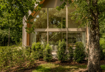Modern lodge with large glass windows surrounded by lush greenery and trees in a forest setting.