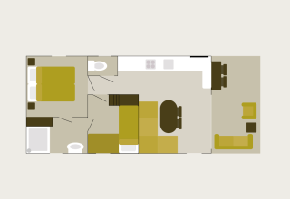 Plano de alojamiento glamping con dormitorio, baño, cocina y sala de estar visto desde arriba.