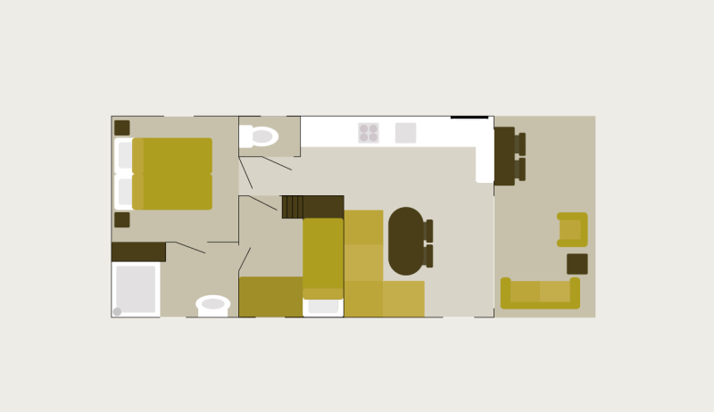 Floor plan of a glamping accommodation showing a bedroom, bathroom, kitchen, and living area.