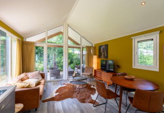 Moderne stue i Eco Cottage på De Thijmse Berg i Holland med store vinduer, lædersofa og træmøbler.