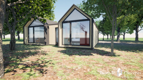 Billede af Cosy Lodge, et moderne hus med store vinduer, omgivet af træer og natur.