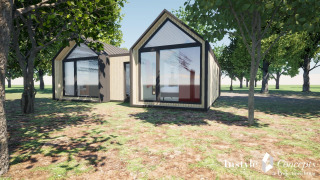 Foto van Cosy Lodge, een modern huisje met grote ramen omgeven door bomen en natuur.