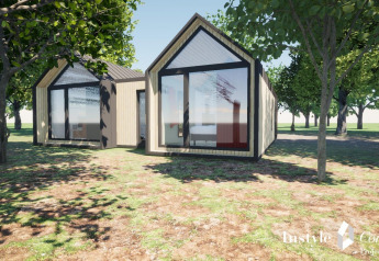 Photo de Cosy Lodge, un lodge moderne avec de grandes fenêtres entouré d'arbres en pleine nature.