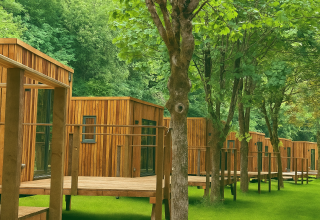 Houten lodges bij Eco Lodge in Hameau de l'Ourthe, België, omgeven door groene bomen en gras.