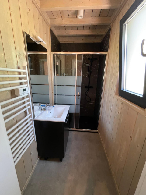Badeværelse med træpaneler, moderne bruser, vask og spejl på Eco Lodge med naturligt lys.