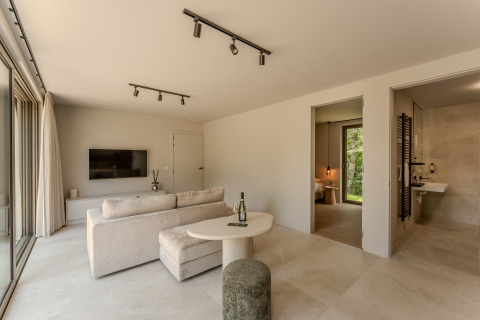 Lichte, moderne lodge-woonkamer met toegang tot slaapkamer en badkamer, tv en grote ramen.