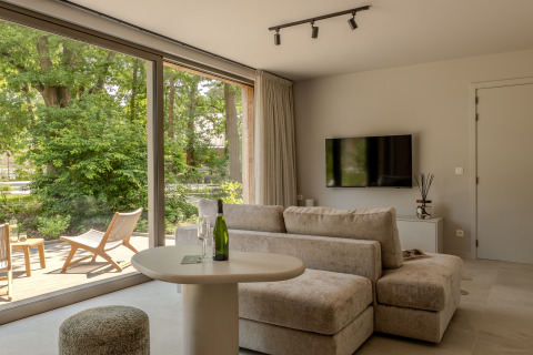 Helder salon in Suite Accessible bij Woodz Lodges, België, met groot raam en zicht op de tuin.