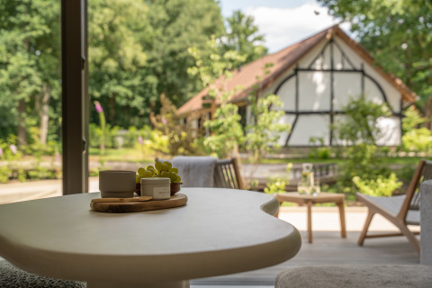 Zicht vanuit Suite Accessible bij Woodz Lodges in België met tafel, stoelen en tuin omringd door groen.