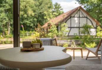 Vue depuis la Suite Accessible des Woodz Lodges en Belgique avec table, chaises et jardin arboré.