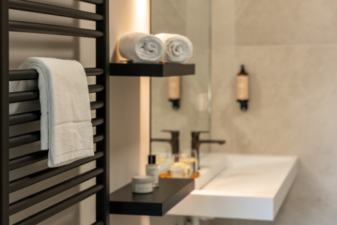 Modernes Bad in einer Lodge mit weißen Handtüchern, Pflegeprodukten auf Regalen und elegantem Waschbecken.