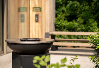 Moderne buitenvuurkorf bij Lodge, omringd door groene planten, bank en houten wand.