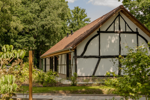 Authentieke lodge met jacuzzi en rood dak te Villa Lodge, Woodz Lodges, te midden van groen in België.
