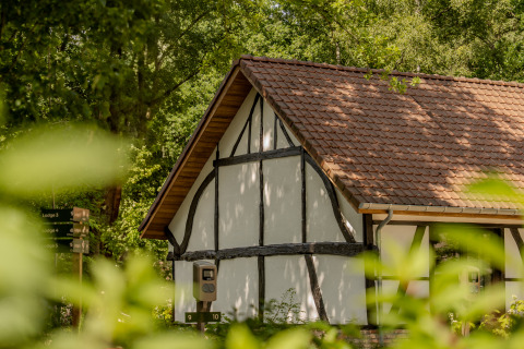 Traditionele villa lodge met jacuzzi en pannendak bij Woodz Lodges in België, omgeven door natuur.
