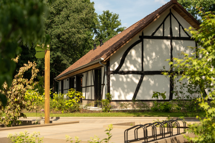Charmante Villa Lodge mit Whirlpool bei Woodz Lodges in Belgien, umgeben von Bäumen und Natur.