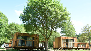 Twee houten lodges bij Cocoon de l'Ourthe, omringd door bomen en natuur op een zonnige dag.