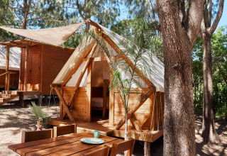 Wood and canvas glamping cabin with outdoor table surrounded by pine trees at TAIGA Tarifa, Andalusia.