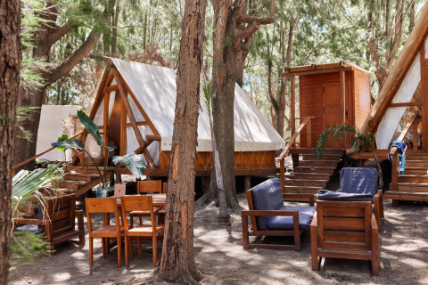 Cozy glamping site with wooden furniture and A-frame tents among trees at TAIGA Tarifa in Andalusia, Spain.