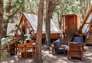 Zona de glamping con muebles de madera y tiendas A-frame entre árboles en TAIGA Tarifa, Andalucía, España.